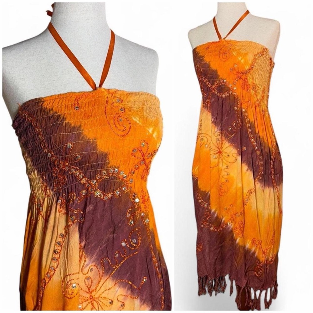 Vintage y2k tie dye embroidered halter dress